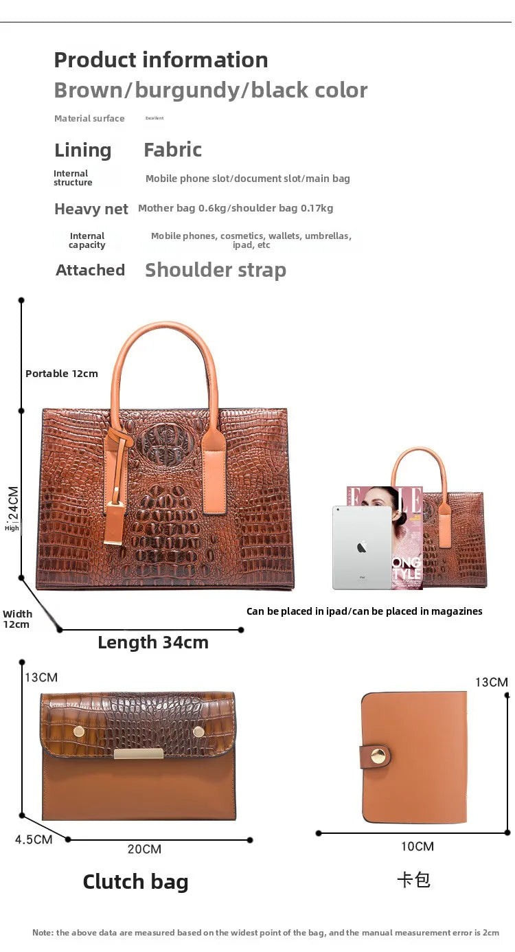 New Crocodile Pattern Handbag Set for Women — 3Pcs Tote, Shoulder Bag & Clutch, Large Capacity Fashion Set