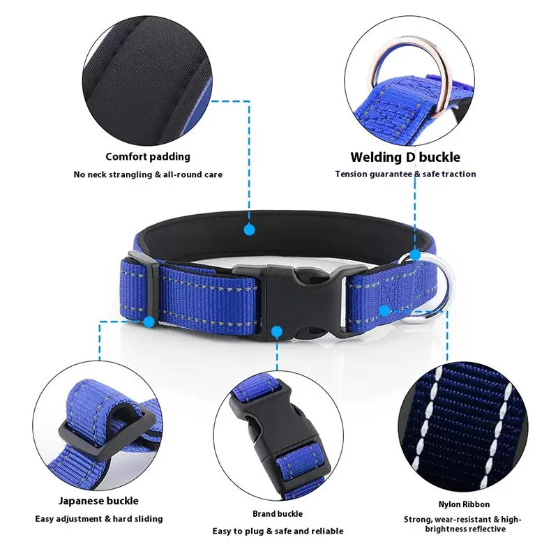 Reflective Adjustable Dog Collar for Medium & Large Dogs – Soft Neoprene Padded Durable Nylon Safety Pet Collar