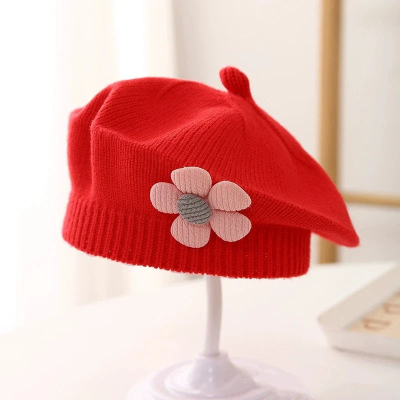 Flower Baby Beret Hat – Winter Warm Knitted Beanie for Infant & Toddler Girls, Korean Princess Artist Painter Cap Solid Color