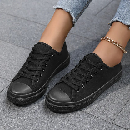 Black Canvas Shoes for Women – 2025 Spring/Autumn Casual Breathable Plimsoll Sneakers, Comfortable Style