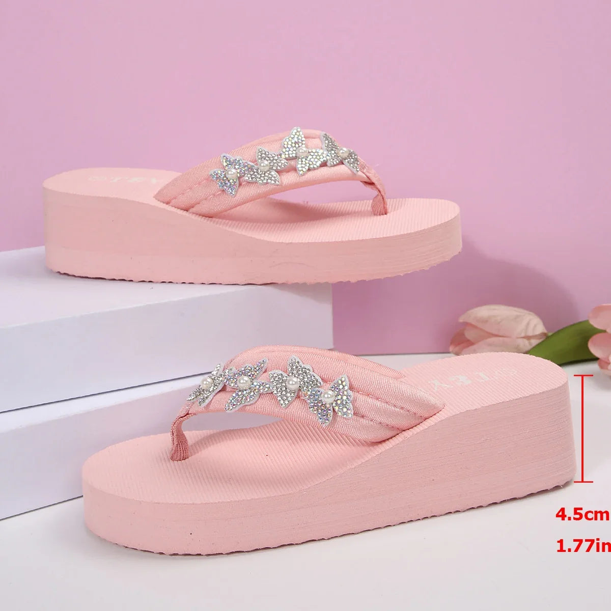 Pink Crystal Flower Wedge Heels - Women’s Platform Clip Toe Beach Sandals