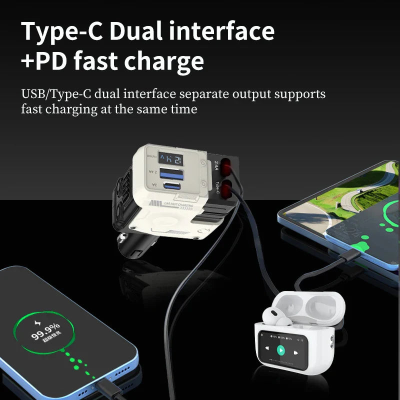 120W Car Charger | 4-in-1 Retractable Cigarette Lighter Adapter with USB Type-C Fast Charging Cable for iPhone & Android