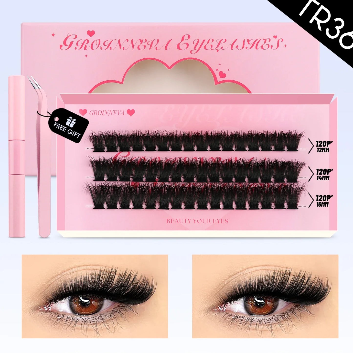 GROINNEYA DIY Mixed Lash Clusters Set – Fluffy Individual Lash Extensions Kit with Bond & Seal for At-Home Makeup