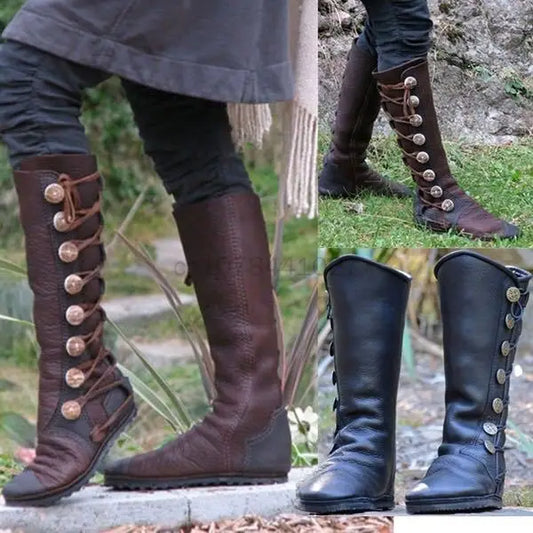Medieval Steampunk PU Leather Boots – Retro Viking Pirate & Knight Cosplay Shoes for Men & Women, Carnival Party