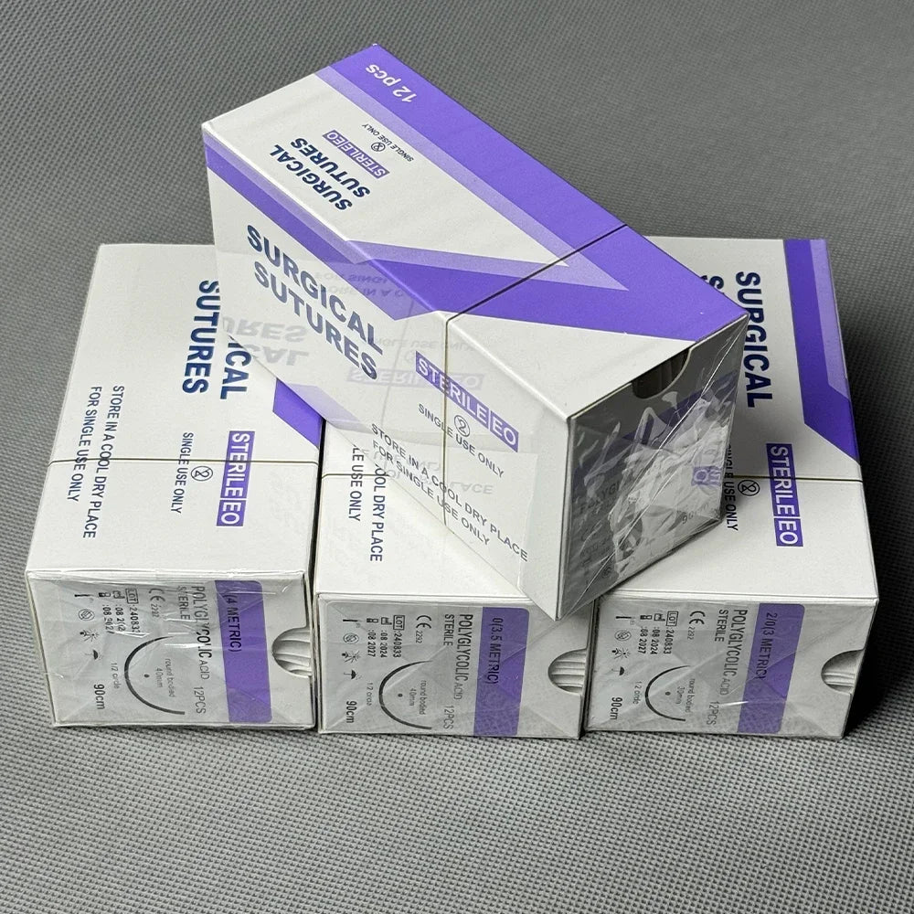 12PCS Absorbable Suture Threads for Pets — 90cm PGA Polyglycolic Acid Sutures with Needle | Sterile Veterinary Use