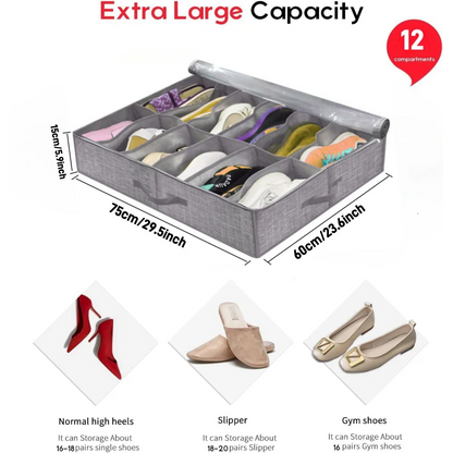 Under-Bed Shoe Storage Organizer Box — Collapsible Closet Container for 12 Pairs with Reinforced Handles