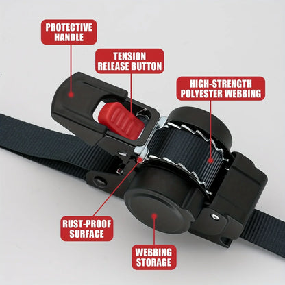 Automatic Retractable Cargo Ratchet Tie Down Straps – Self-Locking Tensioner Secure Load & Luggage Fastening System for Transport Safety