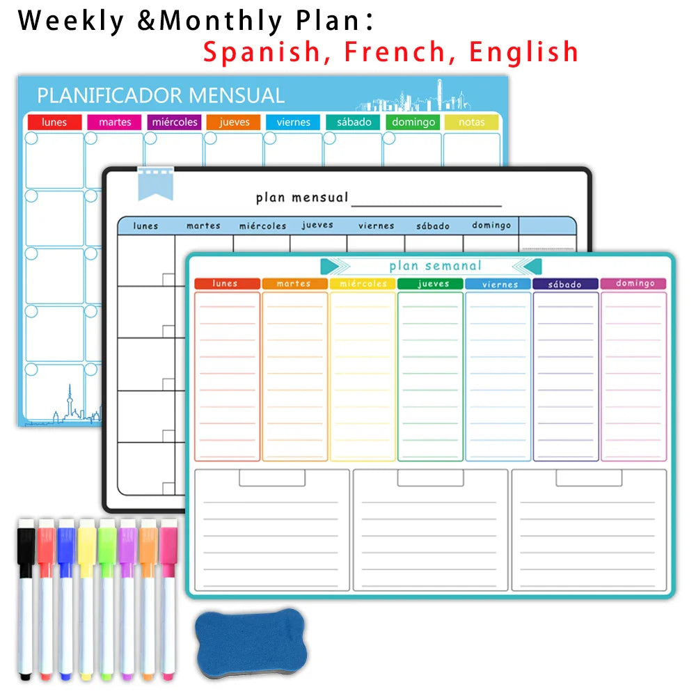 A3 Dry Erase Whiteboard Fridge Calendar – Weekly & Monthly Planner in Spanish, French, English