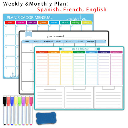 A3 Dry Erase Whiteboard Fridge Calendar – Weekly & Monthly Planner in Spanish, French, English