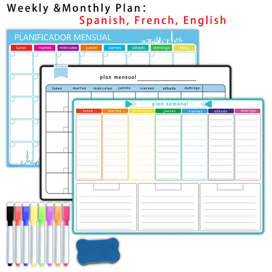 A3 Dry Erase Whiteboard Fridge Calendar – Weekly & Monthly Planner in Spanish, French, English