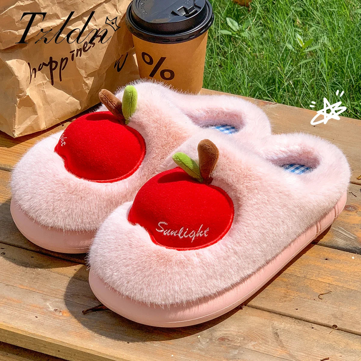 TZLDN Cartoon Plush Slippers – 3D Apple Faux Fur Indoor Slippers for Couples, Warm Winter Cotton Shoes for Women & Men