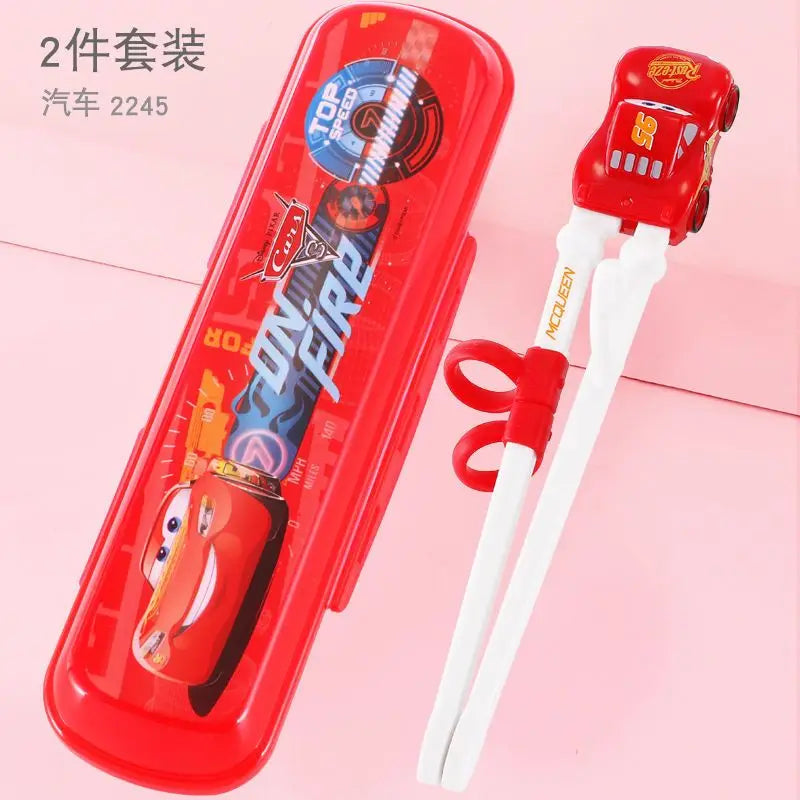 Disney Kids Tableware Set — Lightning McQueen, Mickey, Minnie, Stitch & Princess Elsa Training Chopsticks and Spoons