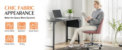 Armless Small Desk Chair – Cute Vanity Swivel Chair with Back, Fabric Upholstery & Wheels for Home & Gaming