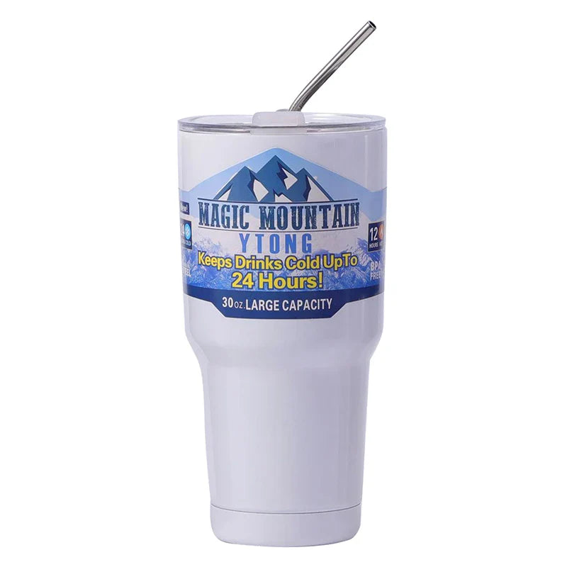 Magic Stainless Steel Thermos Cup with Straw – Vacuum Insulated Ice Coffee Travel Bottle for Car, Outdoor & Mountain Use
