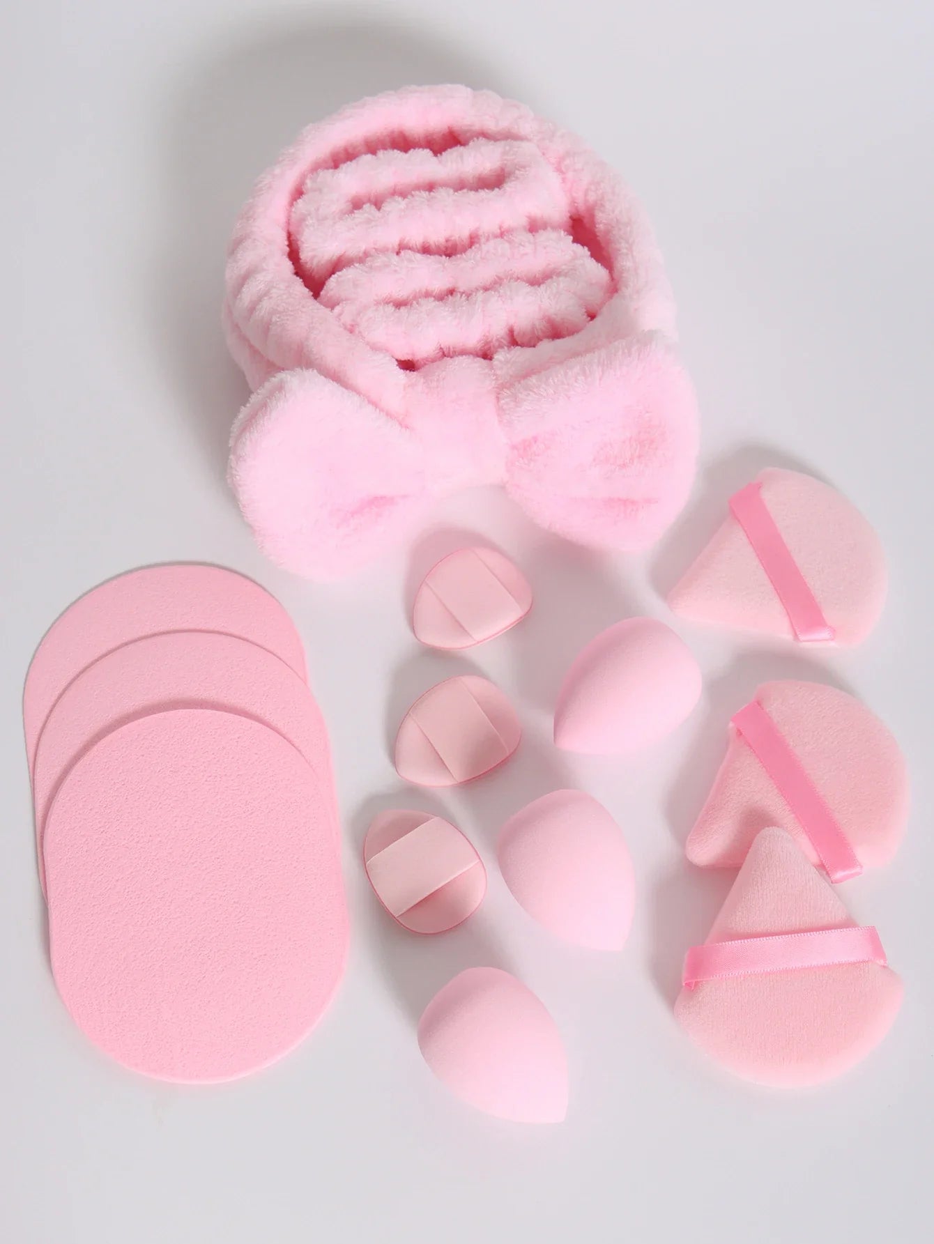 15Pcs Multi-Colored Fluffy Headband & Makeup Sponge Set - Sweet Style Beauty Essentials
