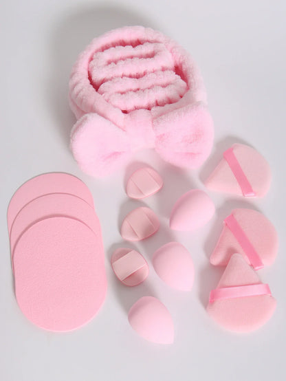15Pcs Multi-Colored Fluffy Headband & Makeup Sponge Set - Sweet Style Beauty Essentials