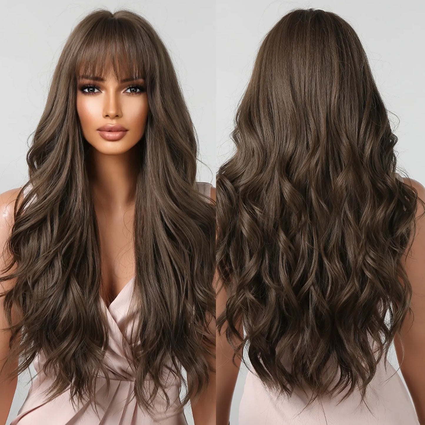 Brown Long Wavy Wig for Women with Bangs — Natural-Look Synthetic Hair, Heat-Resistant for Daily & Cosplay