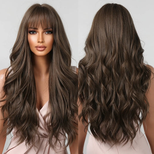 Brown Long Wavy Wig for Women with Bangs — Natural-Look Synthetic Hair, Heat-Resistant for Daily & Cosplay