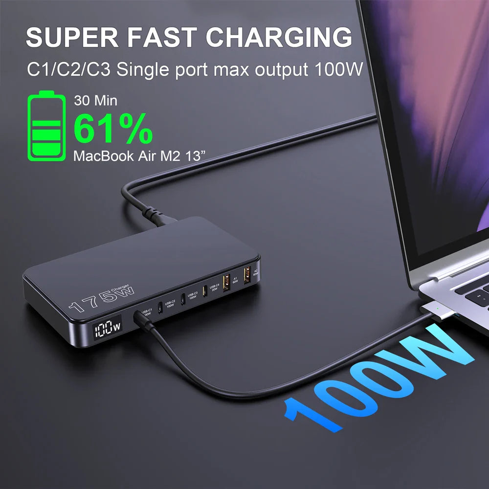 Ueetop 175W GaN USB-C Charger – 6-Port Desktop Charger with LED Display, PD 100W, PPS 45W Fast Charging for MacBook, Samsung, iPhone