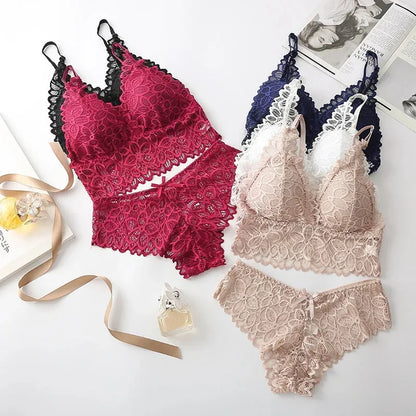 Sexy Lace Lingerie Set – Seamless Wire-Free Bra & Panty with Embroidery Hollow-Out Design