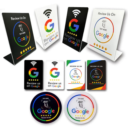 NFC215 Programmable Google Review Acrylic Stickers – 13.56MHz Waterproof NFC Station Table Stand Card