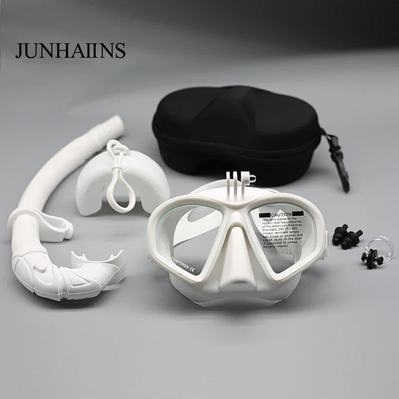 Freediving Mask with Camera Mount - Two-Window Tempered Glass Waterproof Anti-Fog Snorkeling Mask