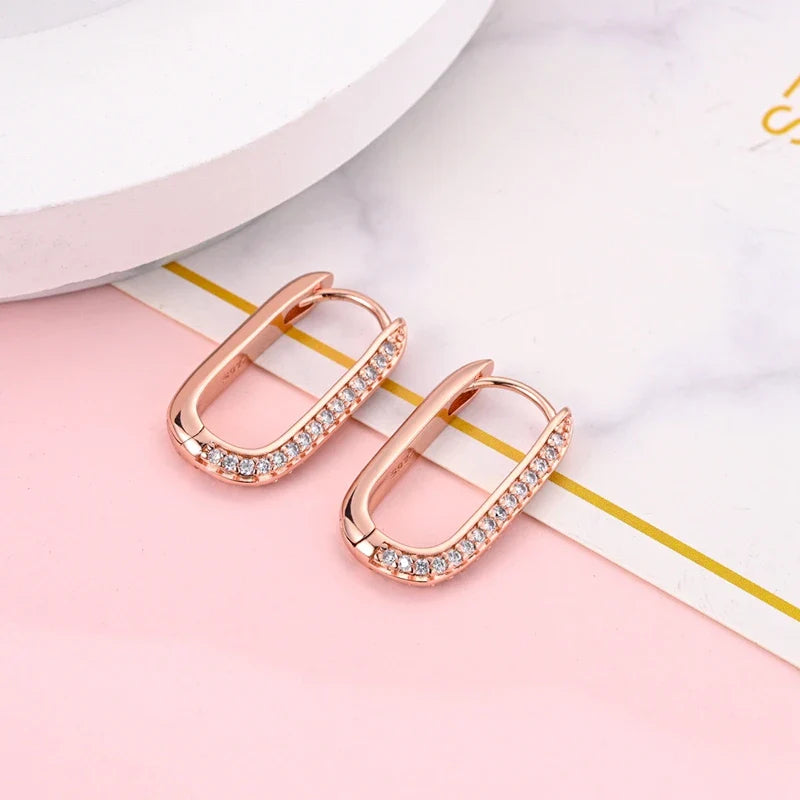 2024 New 925 Sterling Silver Rectangular Hoop Earrings with Zircon - Golden Luxury Wedding Gift for Women