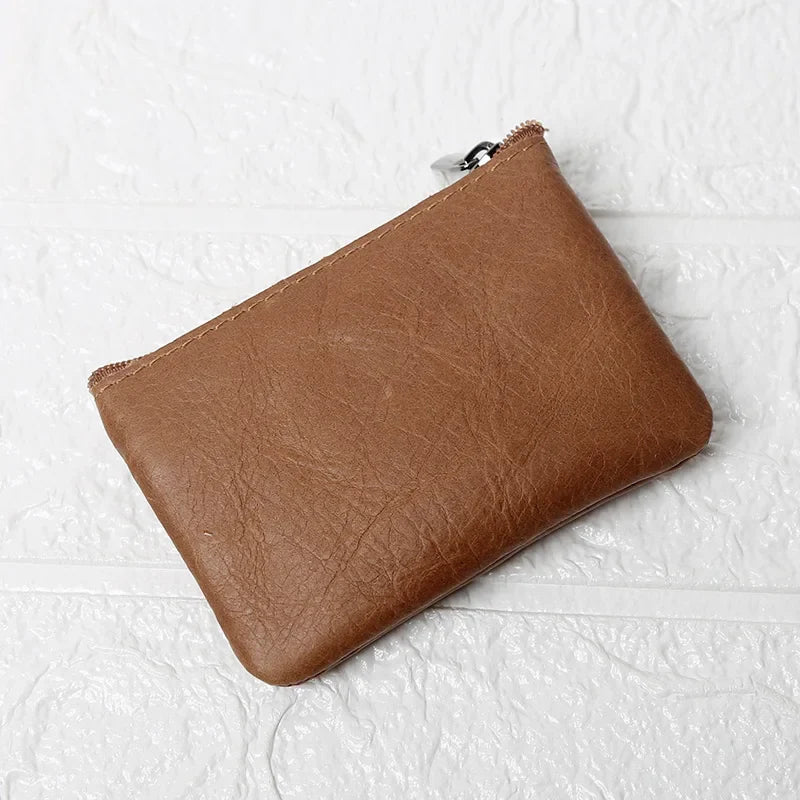 Leather Mini Coin Purse – Unisex Retro Handmade Cowhide Small Wallet with Zipper & Key Case