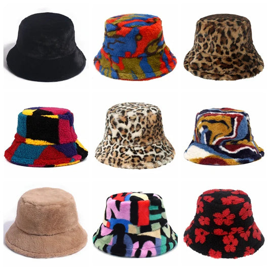 Women’s Winter Bucket Hat – Fashion Leopard Panama, Warm Vintage Faux Fur Fisherman Cap