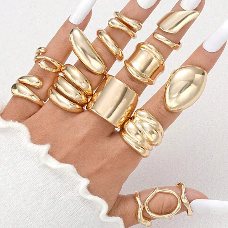 14pcs Gold Geometric Rings Set for Women – Wide Face Smooth Asymmetrical Fashion Jewelry Gift