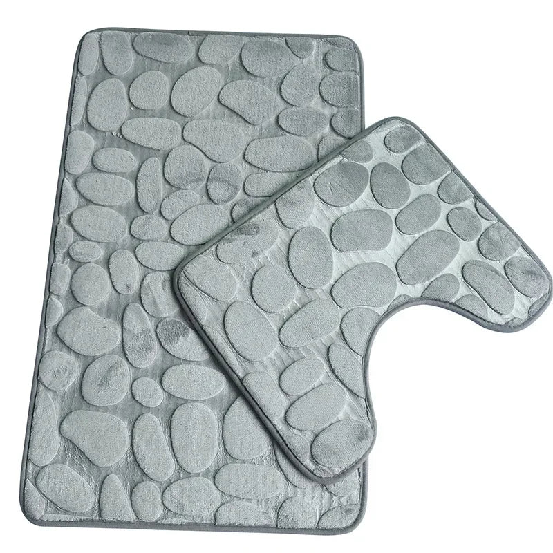 2PC Set Funnel Cobblestone Anti-Slip Bathroom Mat - Toilet Rug, New Bath Mat Set