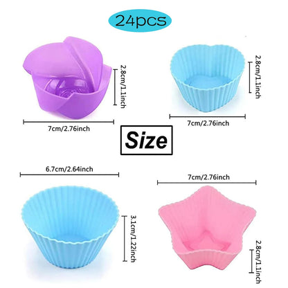 24Pcs Colorful Silicone Cupcake Liners - Reusable Baking Cups for Nonstick, Easy Clean Pastry Muffin Molds - 4 Shapes
