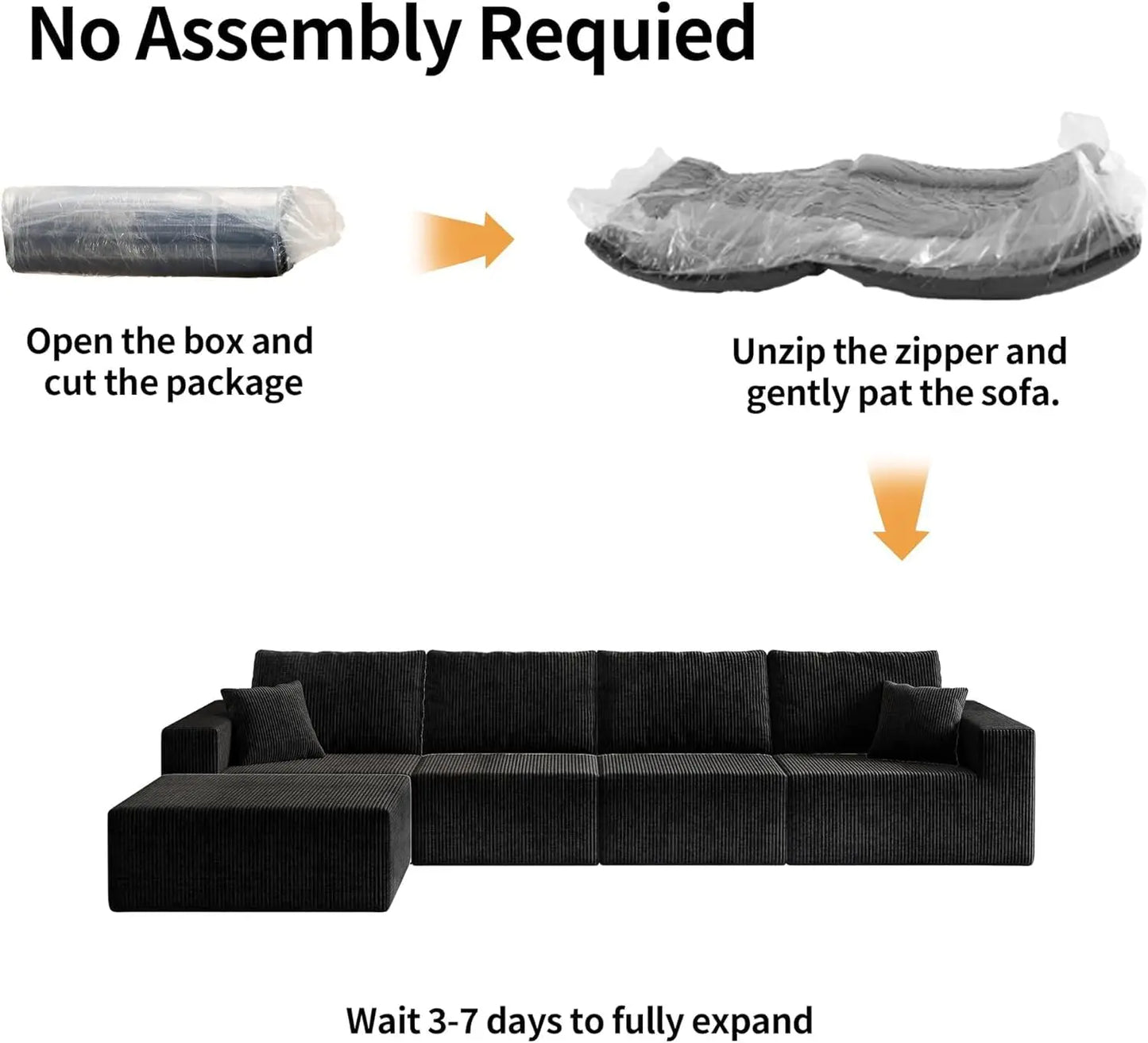 139" Cloud Sectional Sofa – Deep Seat Modular L-Shape Corduroy Couch, Frameless 4-Seater Living Room Sofa with Left Chaise (Black)