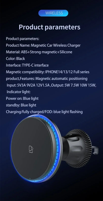 30W RGB Magnetic Car Wireless Charger – Fast Charging Stand Mount for iPhone 12-15 Pro Max, MagSafe Compatible