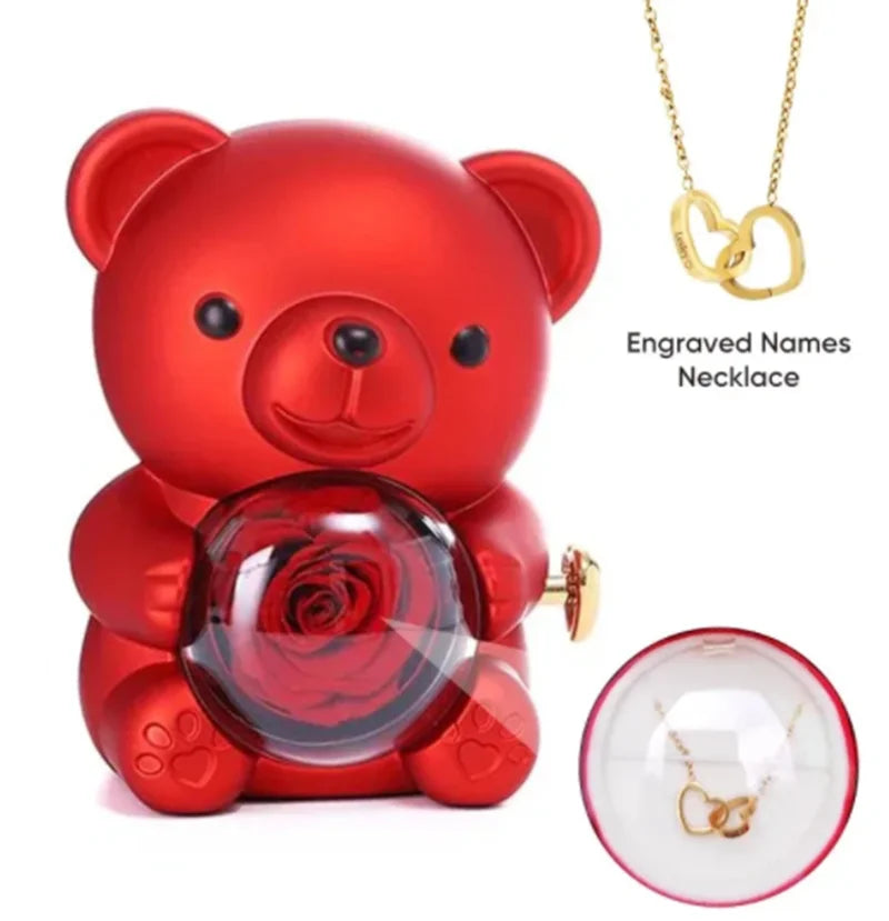 Eternal Rose Teddy Bear Gift Box with Necklace – Rotating Rose Jewelry Storage Case, Perfect for Valentine’s Day or Wedding Gifts for Women and Girlfriend