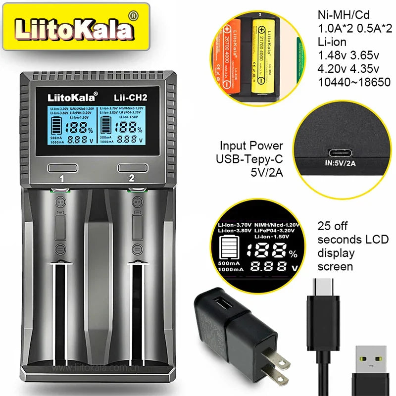 LiitoKala Lii-CH4 Smart Battery Charger – 4-Slot Fast USB-C Charging for 18650/21700/26650/AA/AAA Ni-MH & Li-Ion with Auto Detect