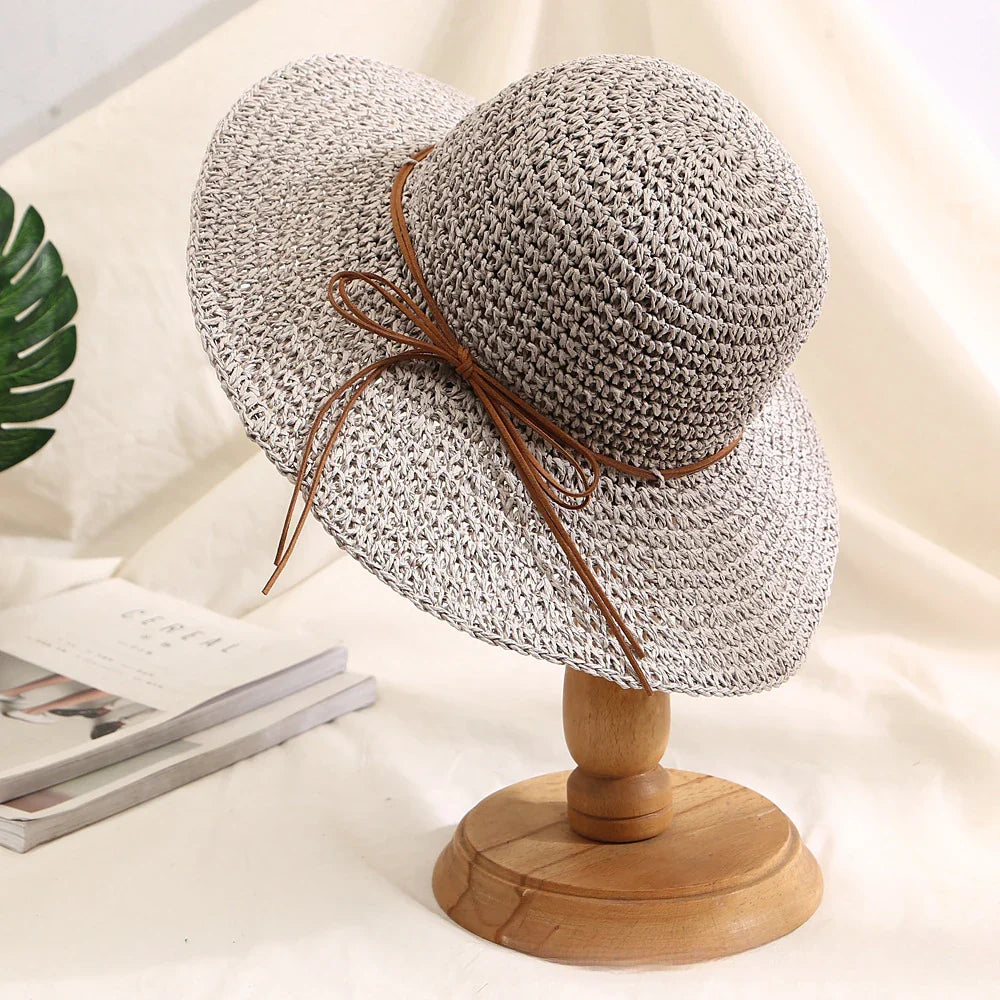 Women’s Holiday Beach Sun Hat – Large Brim Woven Straw Fisherman Hat with Bow, Seaside Sun Protection Panama Chapeau Korean Style