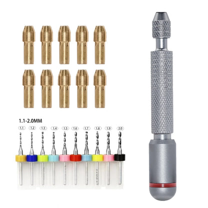11/21-Piece Needle Vise Set – Hand Twist Drill with Double Bearing and Interchangeable Rotary Bits of Various Sizes