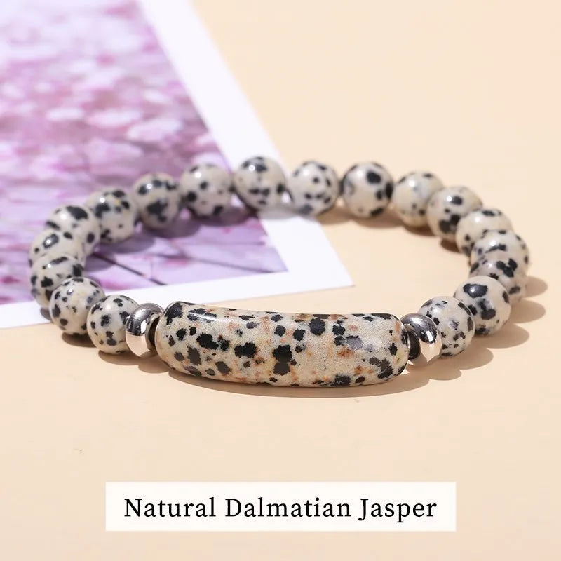 JD Natural Stone Tiger Eye & Amethyst Rectangle Bar Charm Bracelet – Healing Crystal Rough Chakra Jewelry for Men & Women Elastic Wrist Band
