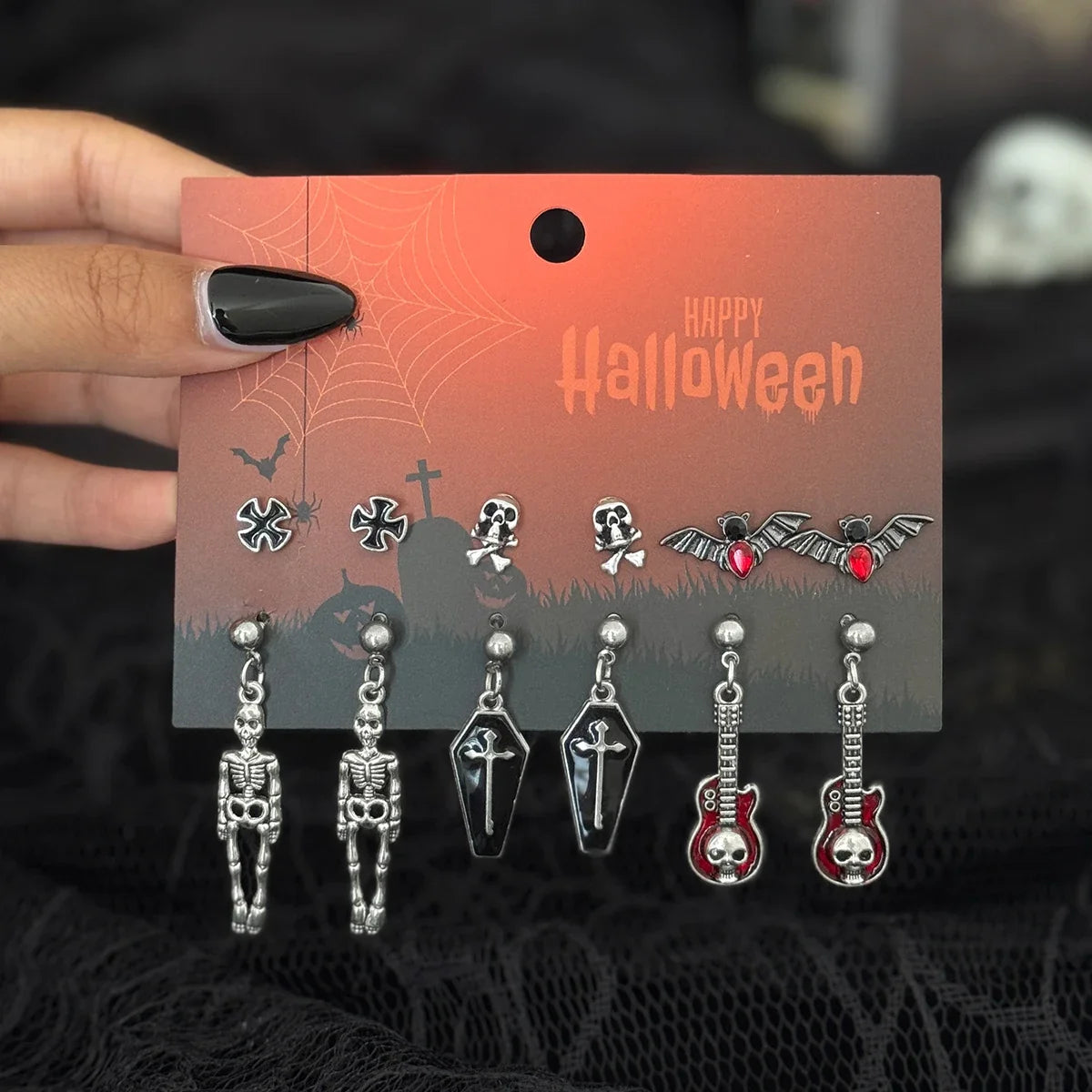 Halloween Crystal Skull Spider Drop Earrings - Gothic Red Crystal Cross and Rose Metal Earrings for Women