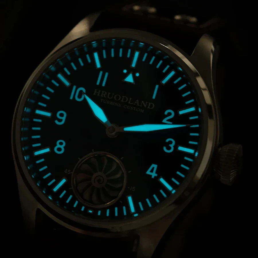 Hruodland 43MM Pilot Men’s Manual Mechanical Watch — Sapphire Crystal, BGW-9 Night Light, Turbine Design, Waterproof 5Bar