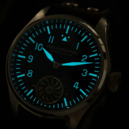 Hruodland 43MM Pilot Men’s Manual Mechanical Watch — Sapphire Crystal, BGW-9 Night Light, Turbine Design, Waterproof 5Bar