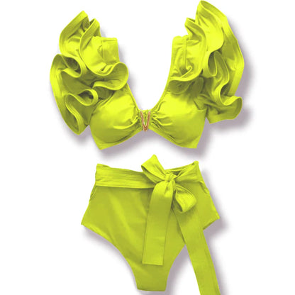 Sporlike V-Neck Ruffled Bikini Set – High Waist Sexy Printed Two-Piece Swimsuit for Women 2025