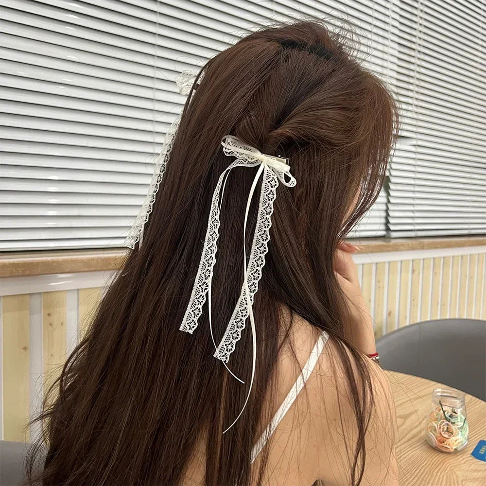 2pcs Korean Fashion Lace Bow Hairpins – White Ribbon Hair Clips for Women & Girls, Top Clip, Female Hair Accessories & Gifts