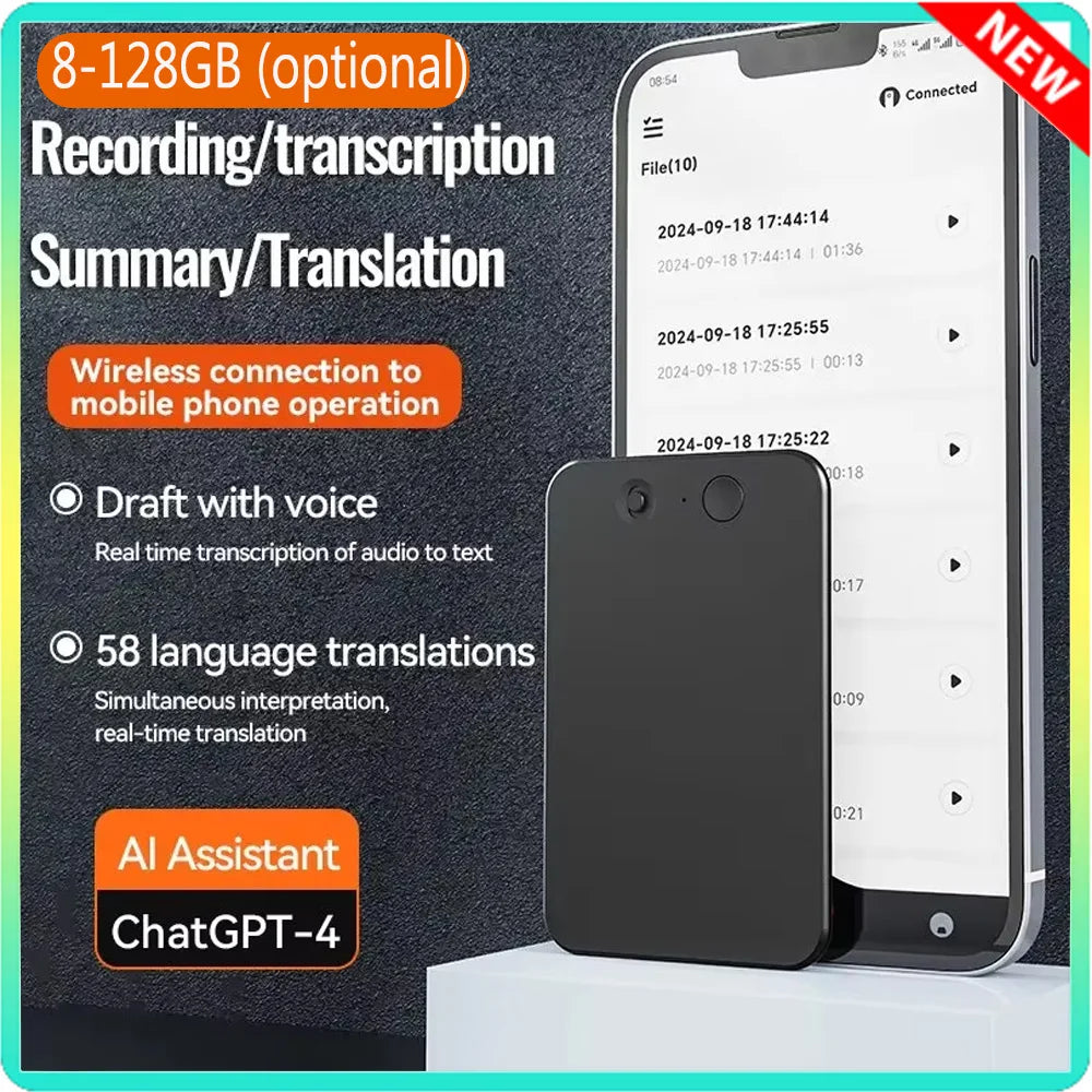 Smart AI ChatGPT-4 Voice Call Recorder — Real-Time Summarize Translator Device with Phone Charging, 8-128GB Storage