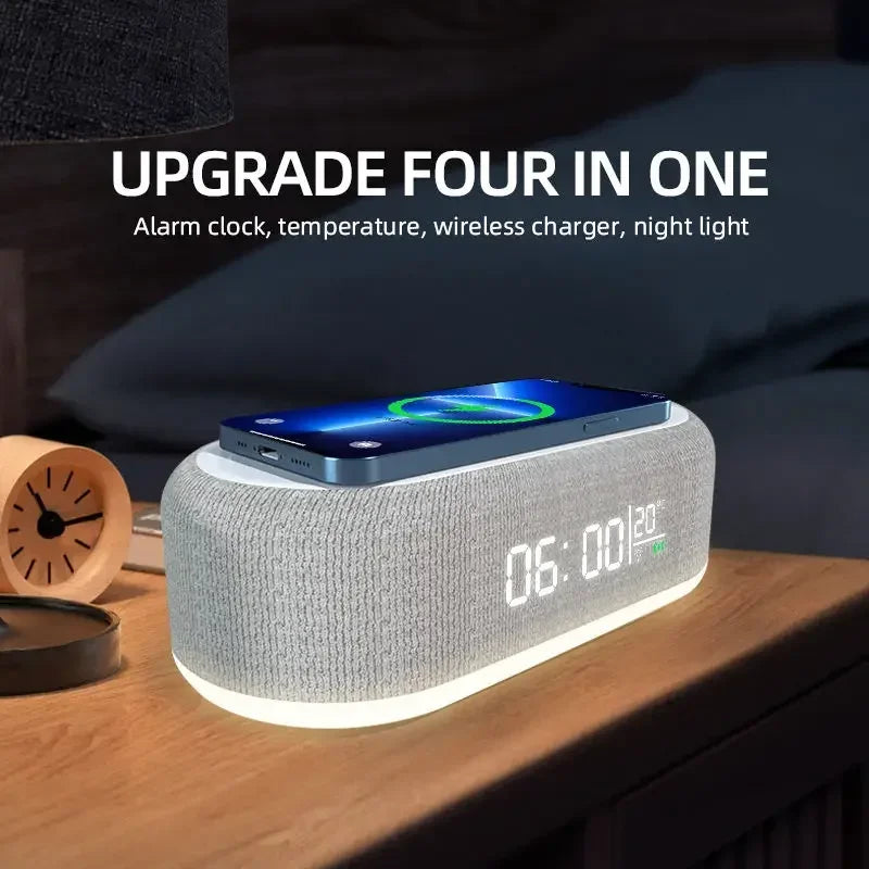 15W Wireless Charging Pad with Alarm Clock, Desktop Lamp and Thermometer - Fast Charging Dock for iPhone and Samsung, Night Light for Bedroom