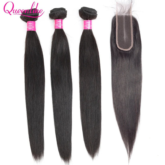 Queenlike Straight Human Hair Bundles – Brazilian Raw Hair Weave with 2x6 Deep Kim Closure