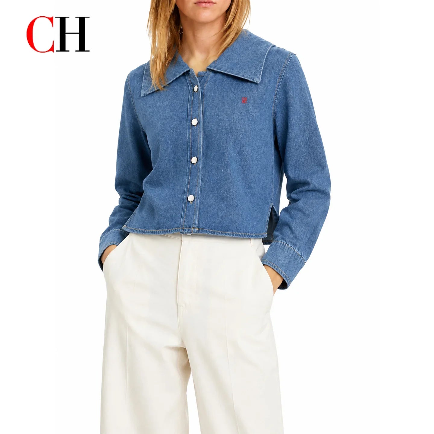 Women’s Sailor Lapel Cropped Denim Shirt - Wide Fit Embroidered Long Sleeve Casual Office Top