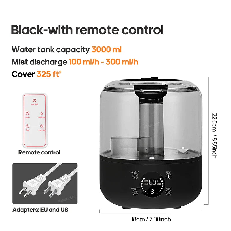 KINSCOTER 3L Air Humidifier – Large Capacity Aroma Diffuser with Remote Control & Timer for Home and Plants