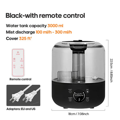 KINSCOTER 3L Air Humidifier – Large Capacity Aroma Diffuser with Remote Control & Timer for Home and Plants